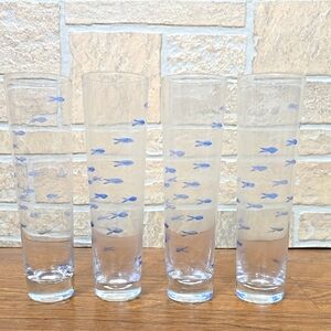 BLUE ETCHED SCHOOL OF FISH HIGHBALL GLASSES BARWARE SET OF 4